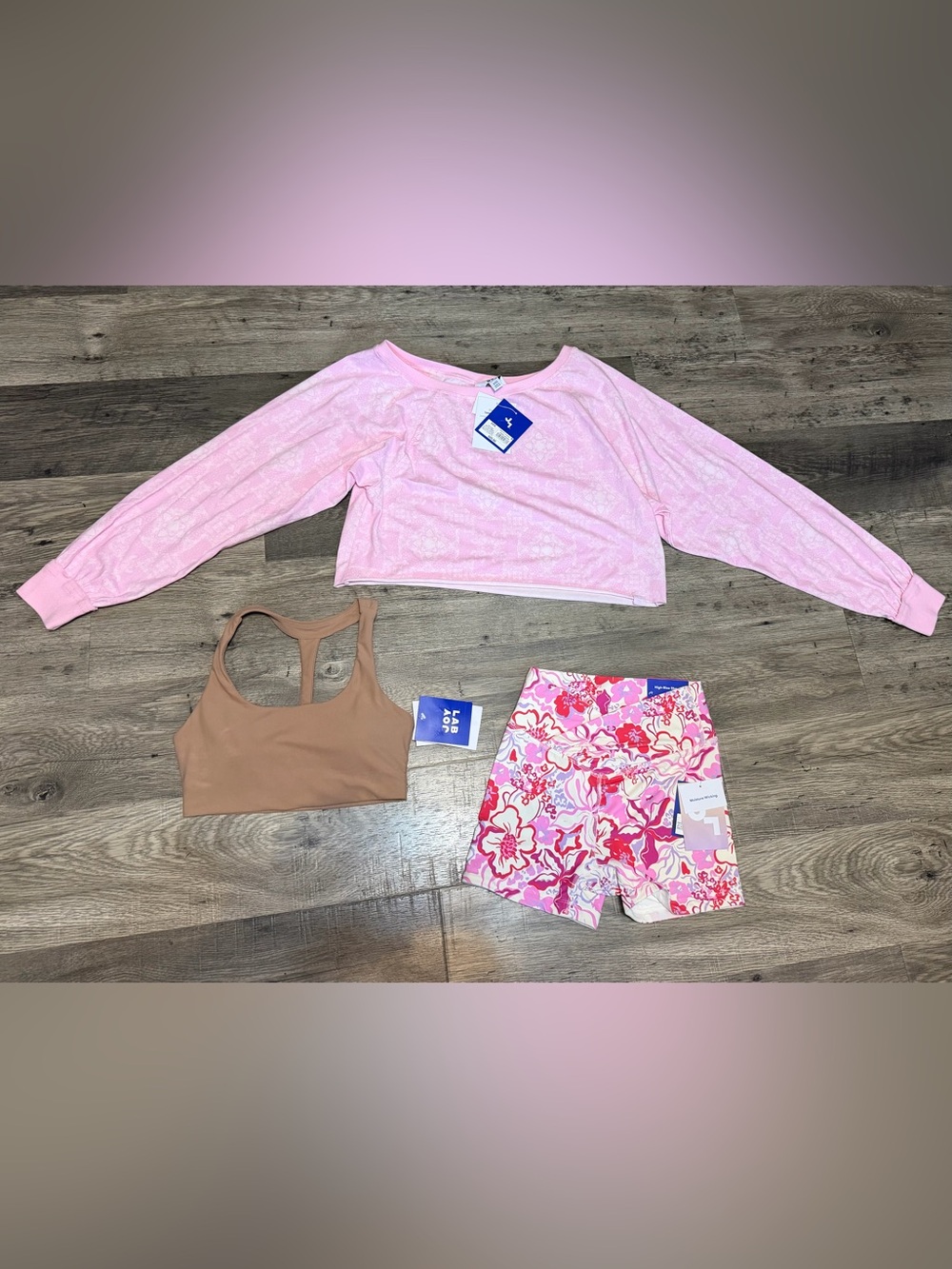 JoyLab Activewear Bundle XXS Pink Cropped Pullover Printed Shorts Sports Bra